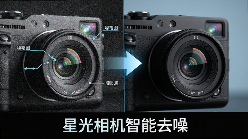 主体:噪点对比示意图,左边噪点明显,右边纯净细腻。布局:左右分割,中间有箭头指示。排版:对比鲜明,下方标注“星光相机智能去噪”。风格:科技感。细节:细节纹理清晰,文字注释。画质:高清,干净,无多余元素。