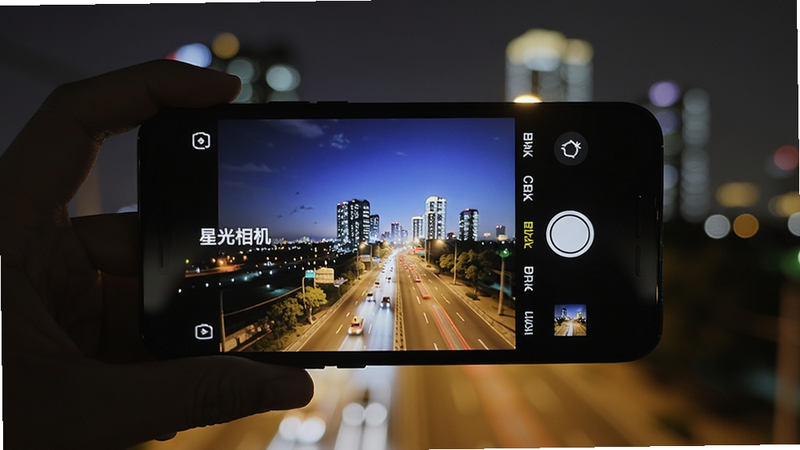 主体:手机横持拍摄夜景,屏幕显示星光相机界面,聚焦远处城市灯光。布局:手机作为前景,背景为模糊的夜景。排版:手机屏幕内容清晰可见。风格:写实生活风。细节:屏幕上有“星光相机”字样,快门按钮高亮。画质:高清,干净,无多余元素。