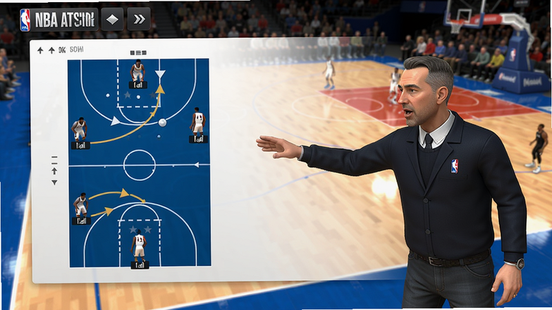 NBA篮球大师战术设置界面,显示战术板、球员跑位路线,教练在场上指导,球员执行战术,背景为比赛球场,UI简洁,色调明亮,细节丰富,画质高清,干净无多余元素