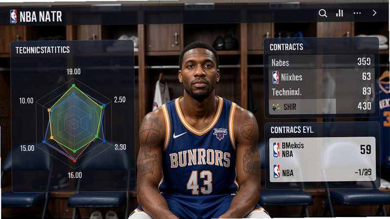 NBA篮球大师球员数据界面,展示球员能力雷达图、技术统计、合同信息,背景为球队更衣室,球员照片清晰,数据面板设计精美,排版整齐,画质高清,干净无多余元素
