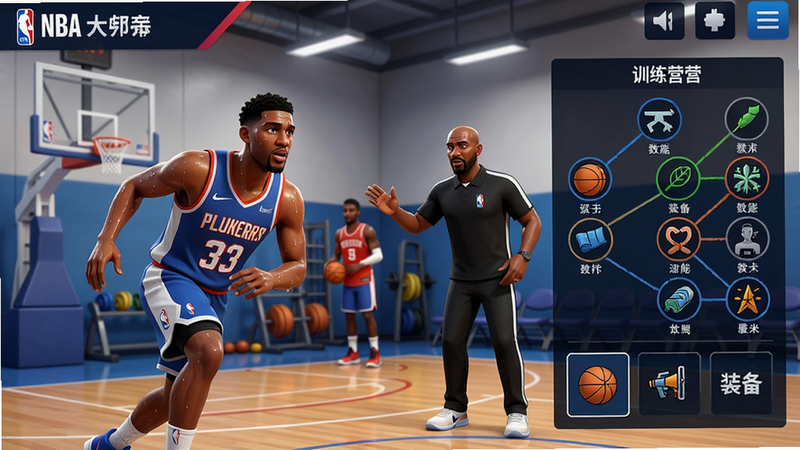 NBA篮球大师球员养成界面,展示训练营、技能树、装备栏,球员在训练馆中挥汗如雨,教练指导,背景为训练器材,画面生动,色彩鲜明,细节丰富,画质高清,干净无多余元素