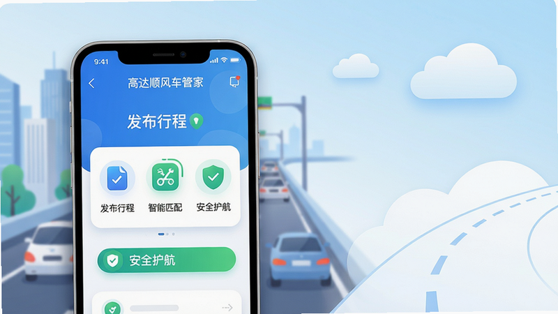 主体:高达顺风车管家APP界面展示,手机屏幕内显示清晰的行程发布页面,背景为城市道路与车辆。布局:手机居中偏左,右侧留白处配以云朵和道路线条元素,整体呈横向构图。排版:手机屏幕内可见“发布行程”、“智能匹配”、“安全护航”等文字标签,字体清晰易读。风格:现代扁平化设计,色彩以蓝白为主,辅以绿色点缀,体现环保与科技感。细节:手机边缘有柔和阴影,屏幕内图标圆润,背景有轻微渐变。画质:高清,干净,无多余元素。