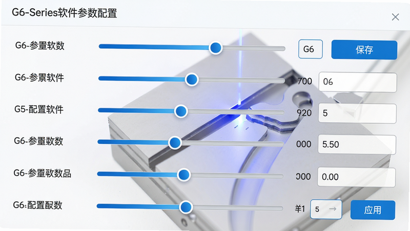 主体:G6-Series软件的参数配置页面,显示多个滑块和数值输入框,背景有激光切割样品。布局:参数列表从上到下排列,右侧有“保存”和“应用”按钮。排版:标签与输入框对齐,数值字体清晰。风格:浅色界面,科技蓝点缀。细节:滑块有渐变效果,样品图显示光滑切割边缘。画质:高分辨率,干净,无多余元素