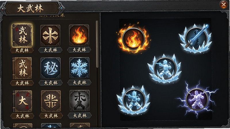 主体:《大武林》武功秘籍界面,展示多种武学图标与招式特效;布局:界面UI展示,左侧为秘籍列表,右侧为招式演示动画;排版:横版构图,图标排列整齐,文字标签清晰;风格:游戏UI写实风格,金属质感边框,古朴色调;细节:招式特效如火焰、寒冰、雷电等环绕,秘籍封面有“大武林”字样;画质:高清渲染,干净无多余元素。