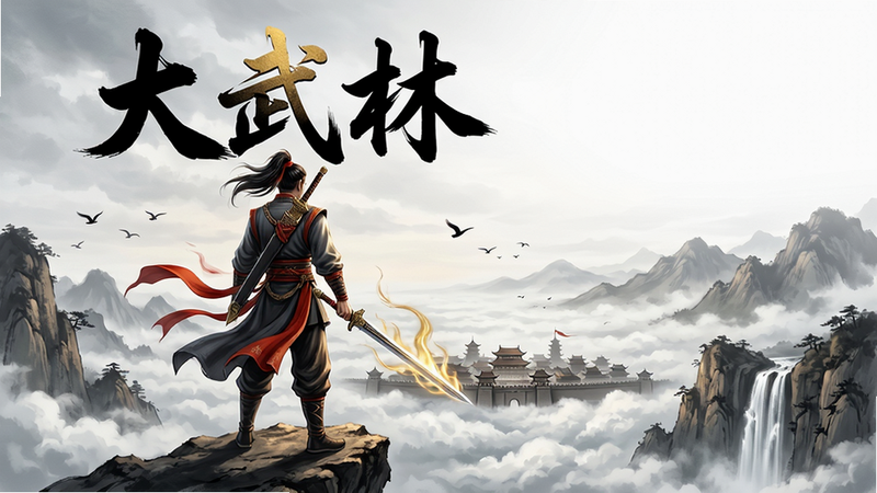 主体:《大武林》游戏主视觉,一位侠客背剑立于山巅,俯瞰云海与远方城池,画面中央有“大武林”三个书法大字;布局:侠客居中偏左,右侧留白延伸至远山,标题文字置于画面上方;排版:竖版构图,文字与人物比例协调,下方留出安全区域;风格:写实水墨风结合现代光影,色彩以墨黑、朱红、金色为主;细节:衣袂飘动、剑气缭绕、远处有飞鸟与瀑布;画质:8K超清,细节丰富,干净无多余元素。