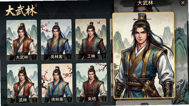 主体:《大武林》侠客图鉴界面,展示多位侠客立绘;布局:网格状排列,每位侠客有半身像与名字标签;排版:竖版滚动列表,选中角色放大展示;风格:国风手绘,色彩鲜艳,细节考究;细节:侠客衣饰纹理清晰,背景有山水、花鸟等元素,左上角“大武林”Logo;画质:高清立绘,干净无杂乱元素。