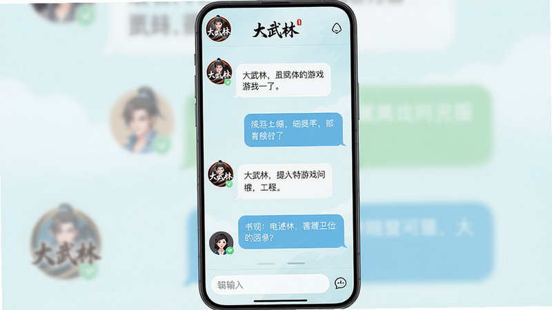 主体:《大武林》游戏问答界面,玩家头像与客服对话气泡;布局:对话列表居中,底部输入框;排版:竖版手机聊天界面风格;风格:清新简洁,浅色背景;细节:头像有“大武林”Logo,对话气泡中文字清晰;画质:高清,干净无多余元素。