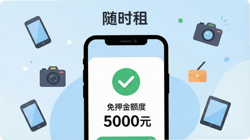一张展示“随时租”信用免押流程的插图,主体为一部手机屏幕,屏幕内显示信用评估通过的界面,背景为浅蓝色渐变,中央有一个绿色对勾图标,下方显示“免押金额度 5000元”字样;布局简洁,上方有“随时租”品牌标识,四周有散落的手机、相机、平板等租赁物品的小图标;扁平化插画风格,配色清爽,细节圆润,画质干净,无多余文字。