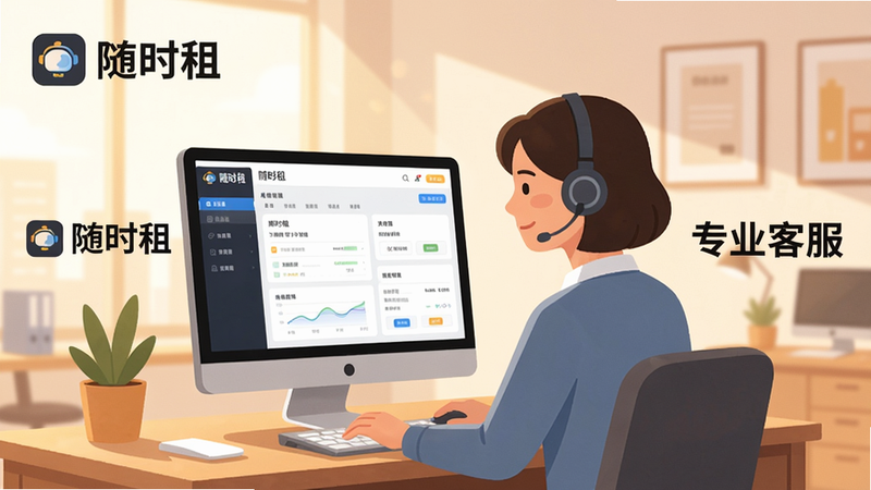 一张展示“随时租”客户服务场景的插图,主体为一位客服人员正在电脑前操作,电脑屏幕上显示“随时租”后台订单管理界面,背景为现代办公室环境,光线柔和;布局以人物为中心,左侧有“随时租”Logo,右侧有“专业客服”字样;插画风格,色彩温暖,细节干净,画质清晰。
