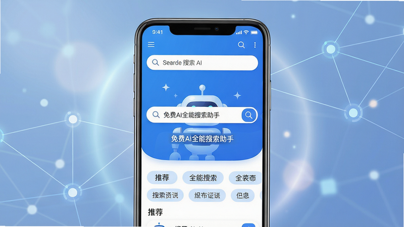 主体:一款名为“免费AI全能搜索助手”的安卓手机应用界面,屏幕中央显示搜索框和AI机器人图标;布局:手机居中,界面简洁,上方为搜索栏,下方为推荐标签;排版:扁平化设计,图标清晰;风格:现代科技感,蓝白主色调;细节:屏幕上有“免费AI全能搜索助手”字样,背景有柔和光效和网络节点;画质:高清渲染,干净,无多余元素。