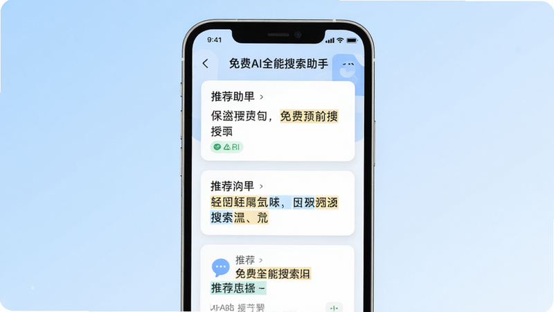 主体:手机屏幕展示AI问答结果,包含文字卡片和推荐内容;布局:手机居中,背景为浅蓝色渐变;排版:结果以卡片形式排列;风格:简约现代,扁平化;细节:屏幕上有“免费AI全能搜索助手”字样,回答内容有高亮关键词;画质:高清,干净,无多余元素。
