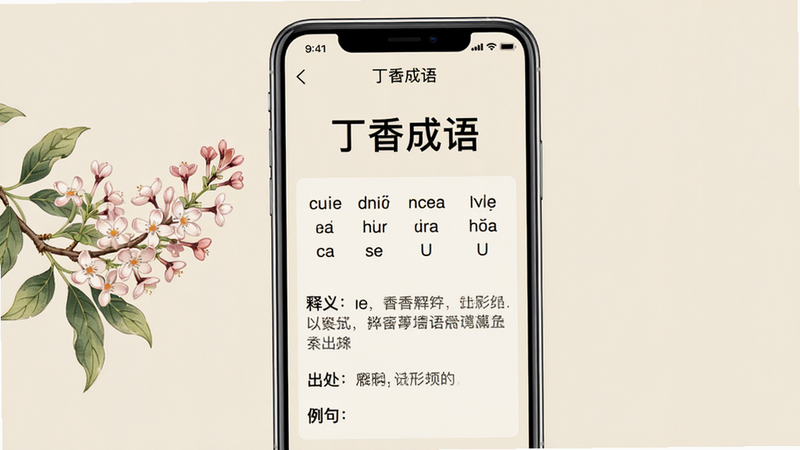 手机竖屏界面,展示“丁香成语”的词条详情页,顶部为成语大字,下方分段显示拼音、释义、出处、例句,字体排版清晰,背景为浅米色,左侧有丁香花枝插画,整体布局规整,风格简洁教育风,画质清晰,干净无多余元素。