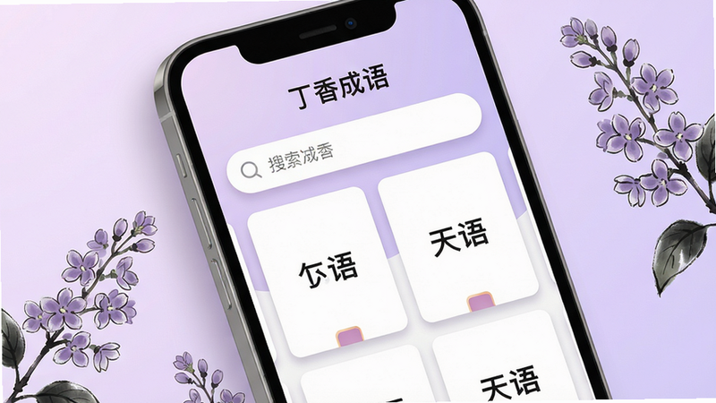 画面主体为手机屏幕特写,屏幕中显示“丁香成语”APP界面,界面干净简洁,上方搜索框醒目,下方陈列成语卡片。布局居中,手机微微倾斜,背景为淡雅丁香紫色渐变,搭配几朵水墨风格丁香花点缀。排版清爽,UI元素精致,风格扁平化插画,细节包括阴影与高光,画质高清,干净无多余元素。