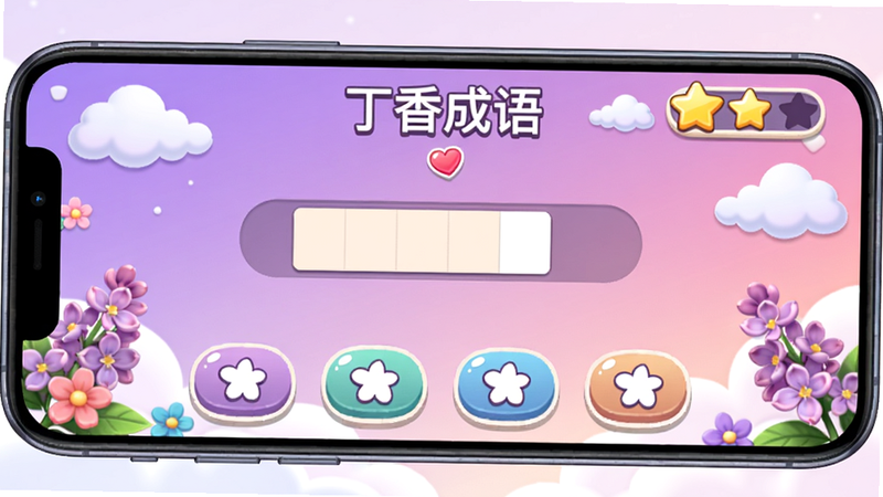 手机横屏游戏画面,显示“丁香成语”闯关界面,中央有一道填空题,下方四个选项按钮,右上角显示星星得分。背景为丁香紫与粉色渐变,配有卡通云朵和花朵装饰,风格活泼可爱,UI圆润,画质清晰,干净无多余元素。