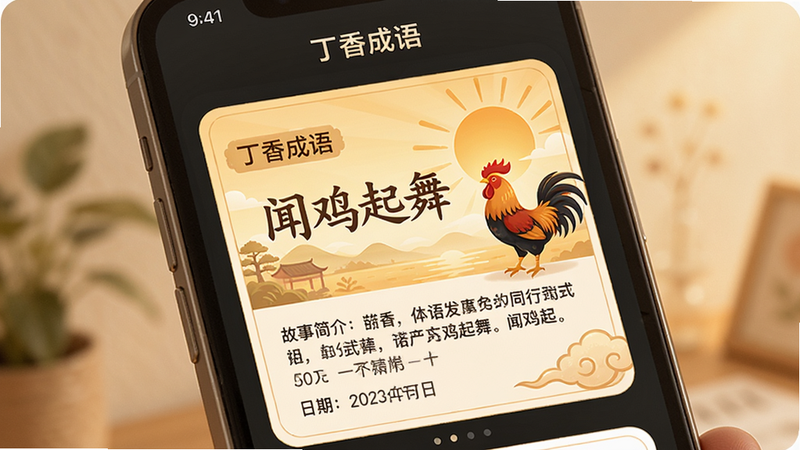 手机屏幕显示“丁香成语”的每日推荐卡片,卡片上有一个成语“闻鸡起舞”,下方有故事简介和日期,卡片设计精美,背景有朝阳和雄鸡插画,整体风格温馨,排版美观,画质高清,干净无多余元素。