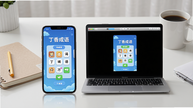 手机与电脑并排展示,手机屏幕为“丁香成语”闯关画面,电脑屏幕为模拟器运行同一APP的画面,背景为简洁书桌,有笔记本和咖啡杯,整体布局和谐,风格生活化,画质清晰,干净无多余元素。
