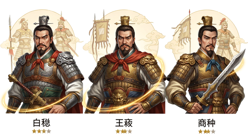 主体:游戏名将角色立绘墙,展示白起、王翦、商鞅等人物。布局:五位角色横向排列,人物半身像,背后有代表其成就的淡金色背景图案。排版:人物大小一致,间隔均匀,下方显示名字与星级。风格:新国风,工笔重彩,人物神态威严。细节:服饰纹理精细,武器模型写实,有动态光效环绕。画质:高清立绘,边缘清晰,背景干净,无多余元素。