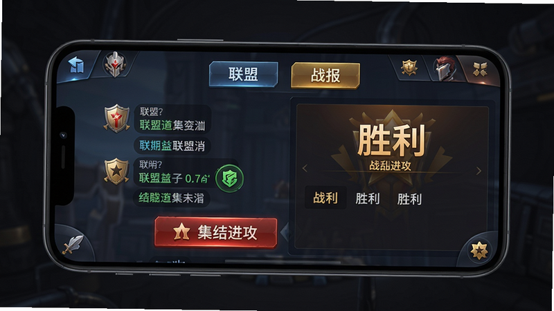 主体:手机竖屏游戏画面特写,显示联盟频道聊天与战报。布局:画面中央是手机屏幕,周围是暗色背景衬托。排版:屏幕内信息清晰可见,突出“联盟”与“战报”按钮。风格:现代写实结合游戏UI。细节:屏幕上有“集结进攻”的红色按钮,战报显示胜利字样。画质:高清屏幕显示,画面干净,无多余元素。