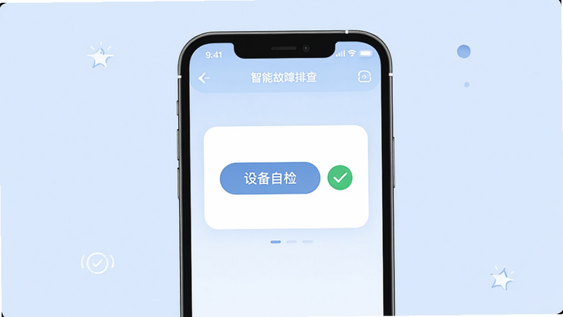 主体:手机屏幕显示高比智能烤箱APP的故障排查界面,有“设备自检”按钮和绿色对勾图标,布局:居中卡片式,排版简洁,风格:扁平化插画风,细节:背景为浅蓝色,卡片圆角,画质:干净,无多余元素
