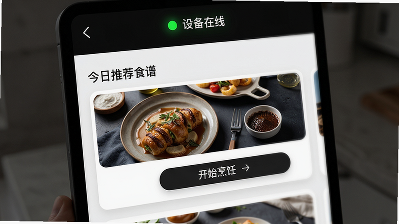 主体:高比智能烤箱app的主界面,顶部有“设备在线”绿色指示灯,下方为今日推荐食谱卡片,布局:纵向滚动式,排版疏密有致,风格:现代简约,细节:卡片上带有美食图片和“开始烹饪”按钮,画质:高保真,干净,无多余元素