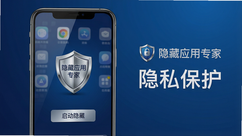 主体:一部智能手机屏幕显示应用隐藏界面,界面中央有一个盾牌图标,盾牌上写着“隐藏应用专家”,周围有多个应用图标被虚化并逐渐消失。布局:手机位于画面中心偏左,右侧留白放置软件名称和“隐私保护”字样,整体构图平衡。排版:手机屏幕内的界面清晰展示“隐藏应用专家”的LOGO和“启动隐藏”按钮,字体采用无衬线体。风格:现代科技感,扁平化设计,色彩以深蓝和银色为主,背景为渐变蓝色。细节:手机屏幕反射出微弱的光泽,盾牌图标带有金属质感,应用图标呈半透明状,画质高清,干净,无多余元素。