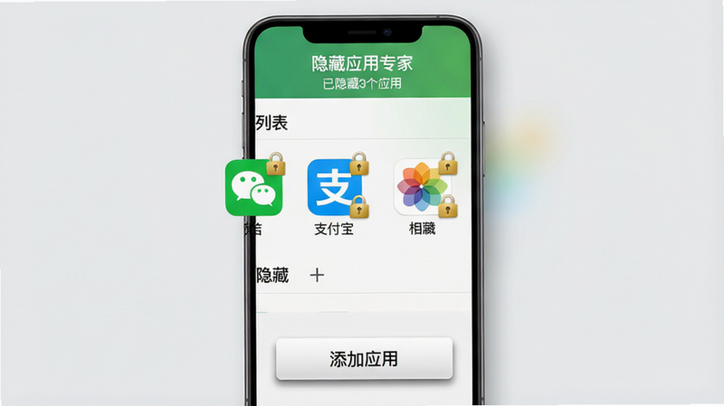 主体:一部手机屏幕展示隐藏应用专家的后台管理界面,界面中有一个“隐藏列表”,列表中有微信、支付宝、相册等应用图标,每个图标右上角有一个小锁标志。布局:手机屏幕居中,背景为淡灰色,屏幕下方有一个“添加应用”按钮。排版:界面采用列表式布局,应用名称和图标排列整齐,标题栏显示“隐藏应用专家”和“已隐藏3个应用”。风格:简洁实用,扁平化图标,色彩以白色和绿色为主,背景为浅色渐变。细节:应用图标清晰,小锁标志为金色,按钮带有阴影效果,画质高清,干净,无多余元素。