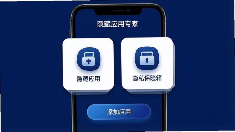 主体:一部手机屏幕显示隐藏应用专家的主界面,界面中有“隐藏应用”和“隐私保险箱”两个大图标,下方有“添加应用”按钮。布局:手机屏幕居中,背景为深蓝色,界面元素居中排列。排版:标题栏显示“隐藏应用专家”,主界面采用卡片式设计,图标下有文字说明。风格:现代简约,色彩以深蓝和白色为主,带有科技感。细节:卡片有圆角阴影,按钮有渐变效果,画质高清,干净,无多余元素。