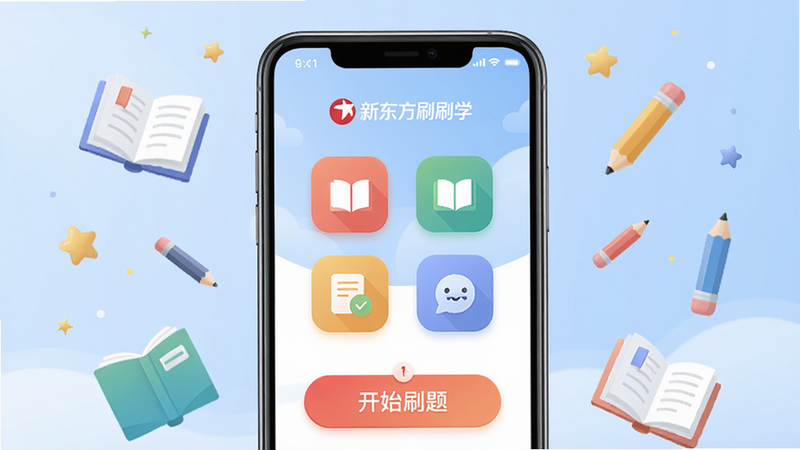 画面主体为新东方刷刷学APP手机界面特写,屏幕中央显示彩色学科图标与“开始刷题”按钮,背景为柔和的浅蓝色渐变,周围漂浮着书本、铅笔、星星等学习元素。整体排版干净清爽,采用扁平化插画风格,画质高清明亮,突出“新东方刷刷学”品牌名称与学习氛围,无多余文字或杂物