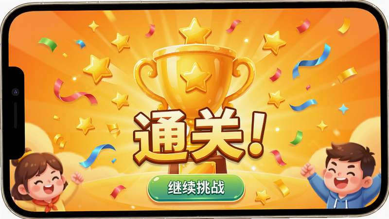 新东方刷刷学APP闯关成功界面,屏幕中央显示金色奖杯与“通关!”字样,周围撒满星星和彩带,底部有“继续挑战”按钮,背景为明亮的橙黄色渐变,插画风格活泼,画质细腻,整体氛围欢乐,无多余文字