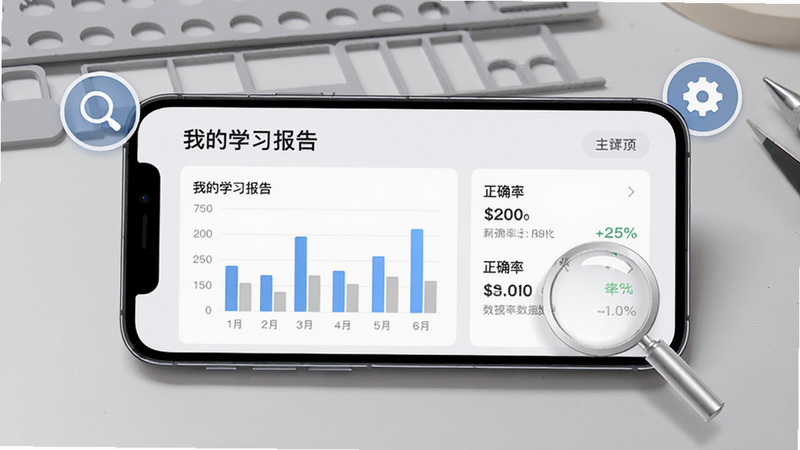 新东方刷刷学APP在手机上运行的主界面展示,手机横屏放置,屏幕中显示“我的学习报告”页面,包含柱状图和正确率数据,周围有放大镜和齿轮图标,背景为浅灰色工作台,风格写实,画质清晰,突出软件名称,无多余元素