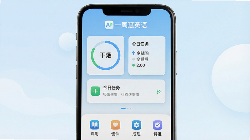 一张智能手机屏幕展示一周慧英语App的主界面,界面布局清晰,顶部显示“一周慧英语”品牌标识,中间有学习进度环和今日任务卡片,下方为功能图标排列,背景为淡蓝色渐变,整体风格简约现代,画质高清,干净无多余元素