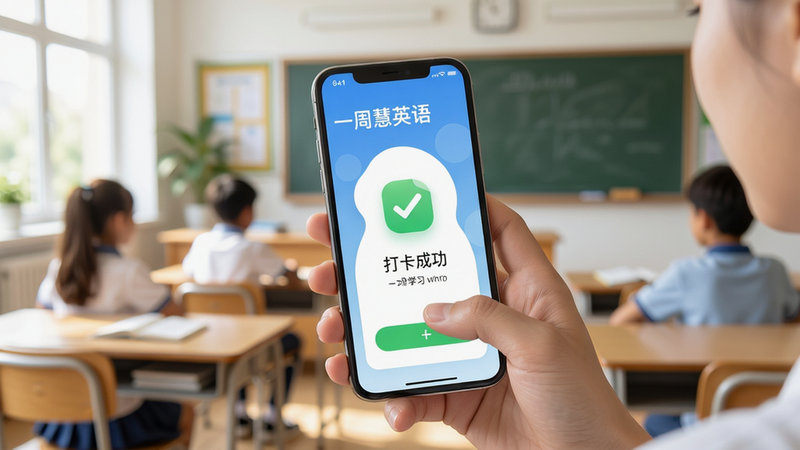 一周慧英语App在手机上运行的使用场景,用户手持手机点击学习任务,界面显示打卡成功动画,背景为明亮的教室,整体画面自然,画质高清,干净无多余元素