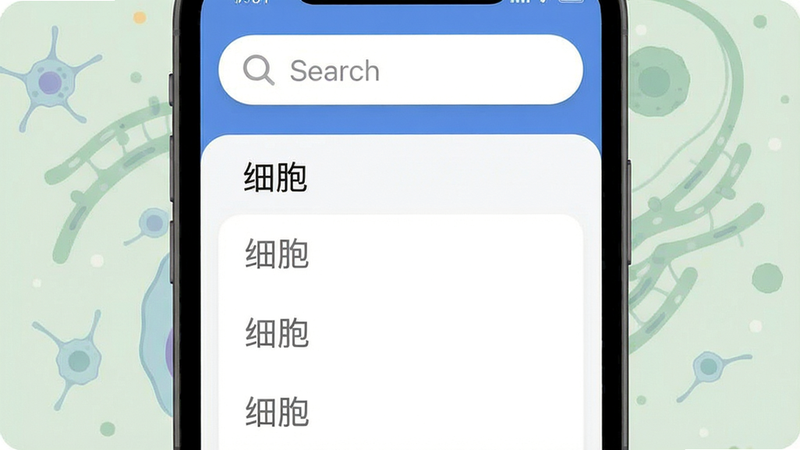微观世界搜索功能演示图,主体为手机竖屏界面,顶部有搜索框,下方显示“细胞”关键词的联想词列表,布局简洁清晰,风格现代扁平化,细节包括搜索框的圆角设计和联想词的灰色字体,画质干净无多余元素