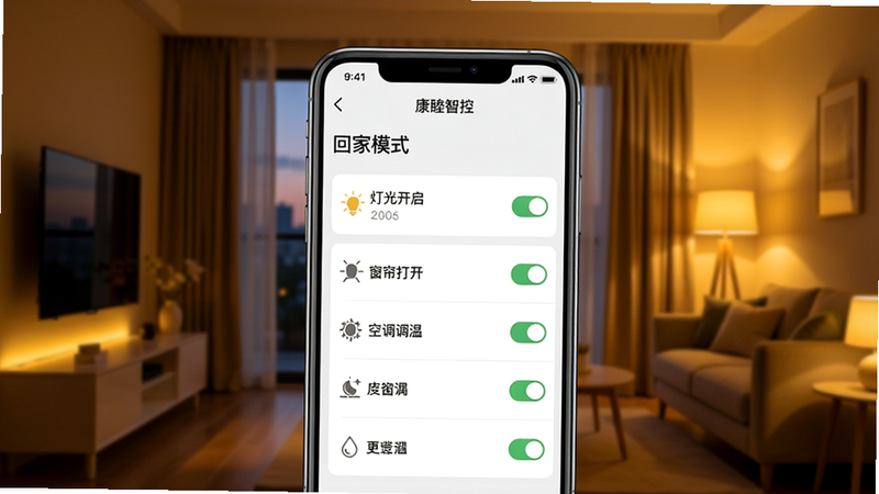 һ�ſ����ǿ�APP�������ý����ʾ��ͼ���ֻ���Ļ��ʾ���ؼ�ģʽ���༭ҳ�棬�����ƹ⿪���������򿪡��յ����µȶ����б���ÿ���������п���ͼ�꣬����Ϊ��ܰ�����ڰ�����Χ��ů��ɫ�ƹ⣬���沼�����������ֱ�ע�������ǿء�Ʒ�������������ִ���Լ������ϸ�壬�޶���Ԫ��