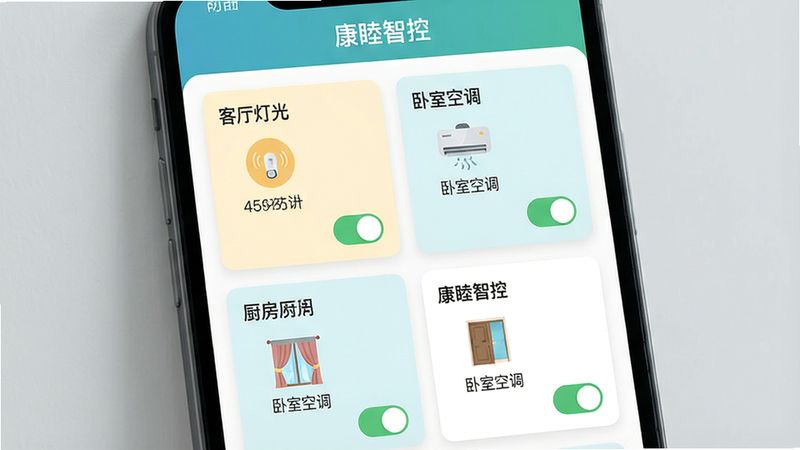 һ�ſ����ǿ�APP�豸����ҳ���Ԥ��ͼ���������ֻ���Ļ��ʾ����������Ƽ���Ӧ�豸ͼ�꣬������ƹ⡢���ҿյ������������ȣ�ÿ���豸��Ƭ���п���״̬��ʶ������Ϊ����ǳ��ɫǽ�棬������ÿ�Ƭʽ���֣�ͼ�����������ֱ�ע�������ǿء��������������ƽ����ƣ���ɫ��ˬ�����ʸɾ����޶���Ԫ��