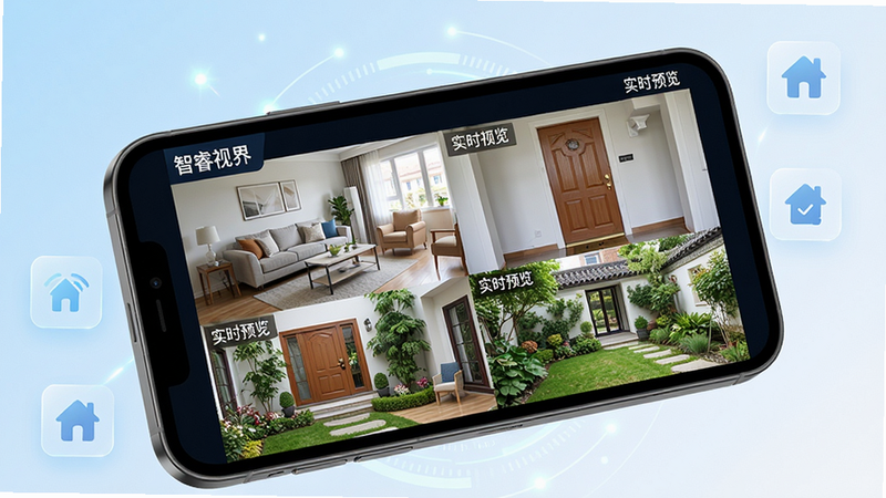 主体:一部智能手机屏幕显示智睿视界App的监控预览界面,画面中有多个家庭监控摄像头画面,包括客厅、门口、庭院,画面清晰明亮。布局:手机居中,屏幕内容占据主要视觉区域,周围有简约的科技感光效和智能家居图标点缀。排版:采用产品展示图风格,手机略微倾斜,背景为柔和的渐变色(浅蓝到白色),突出App界面。风格:写实与科技感结合,色彩明快,干净无杂乱。细节:屏幕中的监控画面显示“智睿视界”字样和“实时预览”标签,画质高清。画质:8K超清,细腻真实,无多余元素。