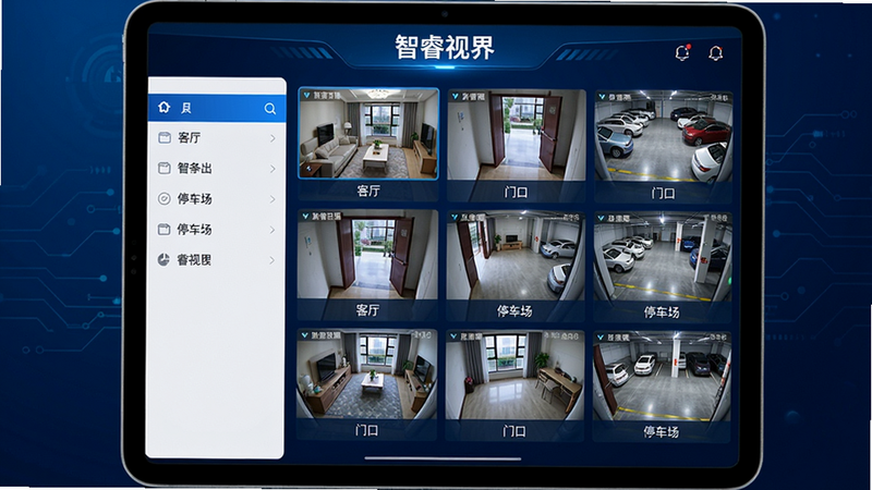 主体:一个平板电脑界面显示智睿视界App的设备管理列表,左侧是设备分组,右侧显示多路监控画面缩略图。布局:平板居中,界面元素清晰排列,背景为深蓝科技感渐变。排版:采用俯视角度展示,突出多设备网格布局。风格:现代科技风,界面高亮,细节丰富。细节:每个缩略图下方标注“客厅”、“门口”、“停车场”等名称,顶部有“智睿视界”Logo。画质:4K高清,干净整洁,无多余元素。