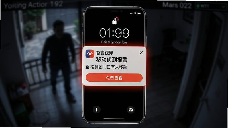主体:手机锁屏界面显示一条智睿视界的报警推送通知,同时背景虚化显示监控画面中有一个移动的人形轮廓。布局:手机竖屏居中,锁屏通知高亮显示,背景为暗色监控画面。排版:通知卡片突出,带有“智睿视界”图标和“移动侦测报警”文字。风格:写实与警示感结合,色彩对比鲜明。细节:通知内容为“检测到门口有人移动”,并附有“点击查看”按钮。画质:高清,细节锐利,无多余元素。