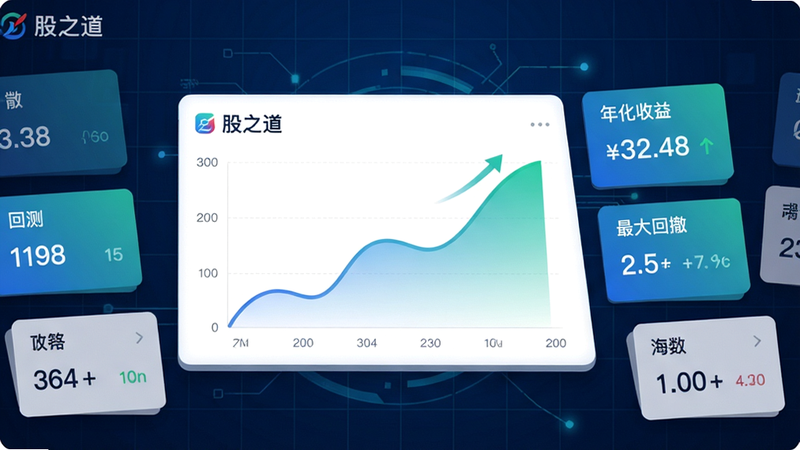 画面主体为“股之道”APP的策略回测结果页面,屏幕中央是平滑上升的收益曲线图,右侧有“年化收益”、“最大回撤”等数值卡片。背景为深蓝色科技风,带有网格线。布局为图表居中,数据卡片环绕。排版简洁,风格为数据可视化风格,色彩为蓝绿渐变,细节清晰,画质高清,无多余元素。