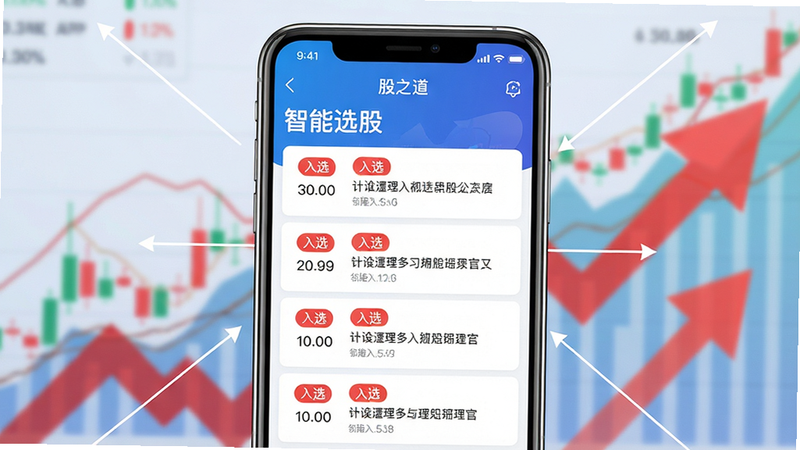 画面主体为“股之道”APP的智能选股功能界面截图,屏幕上方有“智能选股”标题,下方用列表形式展示多只股票,每只股票旁边有红色的“入选”标签和简短的入选理由。手机屏幕被放大展示,背景为模糊的金融图表和红色上涨箭头。布局为手机居中,背景线条指向手机。排版干净整洁,风格为科技感UI设计,色彩明亮,细节清晰,画质高清,无多余元素。