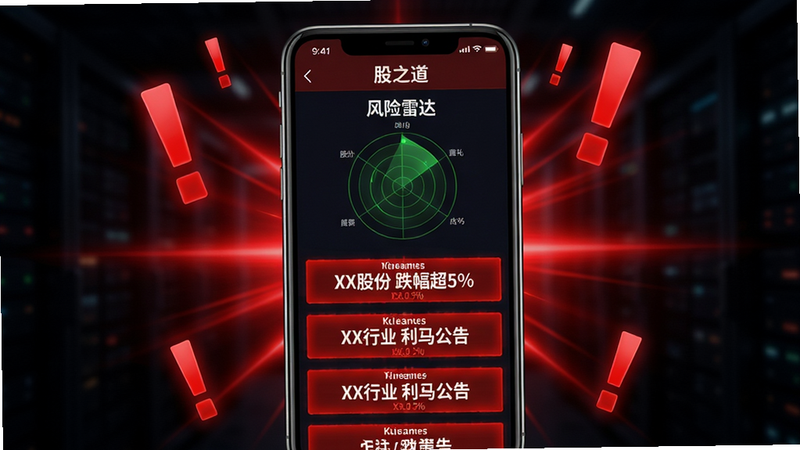 画面主体为一部手机,屏幕显示“股之道”风险预警页面,页面顶部为“风险雷达”标题,下方是几条醒目的红色预警横幅,如“XX股份 跌幅超5%”、“XX行业 利空公告”。手机背景为深色,四周有红色的感叹号图标悬浮。布局为手机居中,红色光效向外扩散。风格为科技感警示风格,色彩对比强烈,细节锐利,画质高清,无多余元素。
