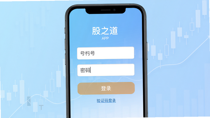 画面主体为“股之道”APP的登录页面,屏幕中央有手机号输入框和密码输入框,下方有“登录”按钮和“验证码登录”链接。背景为淡蓝色渐变,有隐约的线条构成的“K线”图形。布局为手机居中,登录表单清晰。排版简洁,风格为扁平化UI设计,色彩明快,细节干净,画质高清,无多余元素。