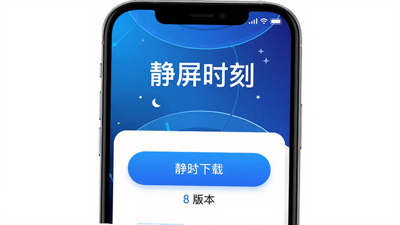 静屏时刻应用下载页面示意图,手机屏幕展示应用下载按钮和版本信息,背景是蓝色科技感渐变,布局简洁,风格现代,细节丰富,画质清晰,干净无多余元素,带有“静屏时刻”字样
