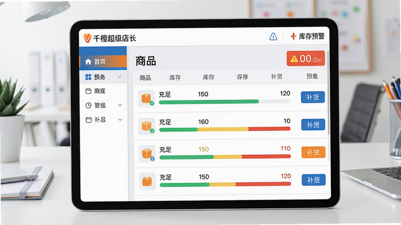 主体:千橙超级店长库存管理界面,显示商品列表,每条商品带有库存数量进度条和“补货”按钮;布局:平板电脑横屏展示,界面分为左侧导航栏和右侧数据区域,背景为简洁的办公室桌面;排版:表格行整齐,进度条颜色区分(绿色充足,黄色偏低,红色不足);风格:商务简约,色彩以白、蓝、橙为主,图标线性风格;细节:屏幕左上角有“千橙超级店长”标志,右上角显示“库存预警”数字;画质:清晰锐利,干净,无多余元素。