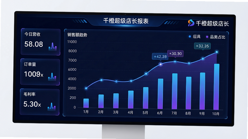 主体:千橙超级店长报表界面,显示折线图与柱状图组合,展示销售额趋势与品类占比;布局:大屏显示器展示,图表占满屏幕,左侧有指标卡片(今日营收、订单量、毛利率);排版:图表坐标轴清晰,数据标签明确,背景为深色驾驶舱风格;风格:科技感,色彩以蓝紫渐变为主,线条发光;细节:图表右上角有“千橙超级店长”水印,数据区域有高亮标注;画质:超清,干净,无多余元素。