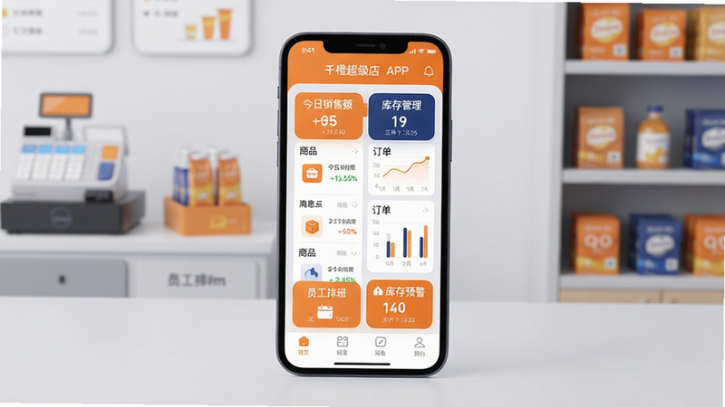 主体:千橙超级店长APP界面展示,一部智能手机屏幕内清晰显示店铺管理主界面,包含商品列表、订单图表、库存预警图标;布局:手机居中,背景为浅灰色工作台,周围有模糊的店铺收银台、货架元素,营造真实经营场景;排版:手机屏幕内容占视觉中心,界面元素排列整齐,图标圆润;风格:现代扁平化设计,色彩以橙色和深蓝色为主,整体明亮简洁;细节:屏幕上的文字标签如“今日销售额”、“库存管理”、“员工排班”清晰可读,背景光线柔和;画质:高清渲染,干净,无多余元素。