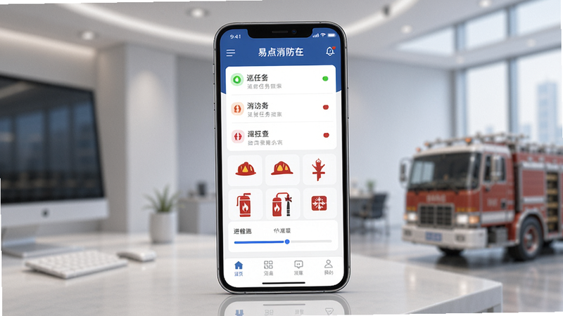 易点消防主界面预览图,主体为智能手机展示app界面,界面包含巡检任务列表和消防设施图标,布局居中,排版简洁,风格现代科技感,细节显示状态指示灯和进度条,画质高清干净无多余元素