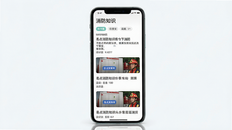 易点消防知识库页面预览,主体为手机展示消防知识文章列表,布局瀑布流,排版简洁,风格清新,细节有分类标签和阅读量数字,画质干净无多余元素
