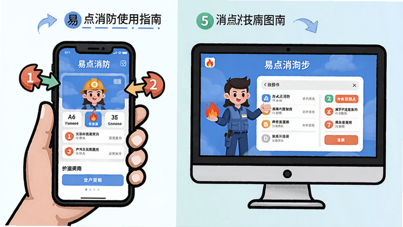 易点消防使用指南插图,主体为手机和电脑同步演示app操作,布局分屏,排版直观,风格卡通,细节有箭头指示和步骤编号,画质干净无多余元素
