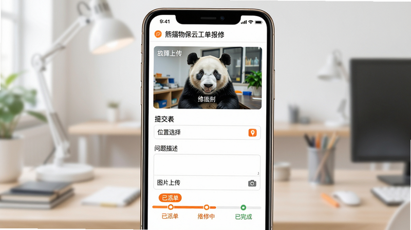 主体:熊猫物保云工单报修界面,展示提交表单与处理进度条;布局:手机界面居中,上方为故障照片上传区,下方为维修进度时间线;排版:步骤式引导,状态标签醒目;风格:清新简洁,强调色为橙色;细节:表单包含“位置选择”“问题描述”“图片上传”等字段,进度条显示“已派单”“维修中”“已完成”;画质:高分辨率,干净整洁。